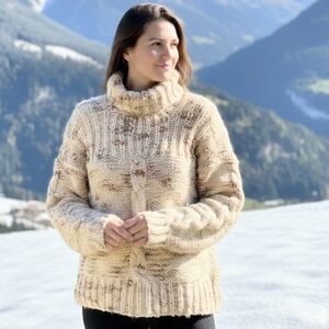 Chunky Knit Wool Blend Sweater Hand Knit Style Oversized Turtleneck Beige Medium